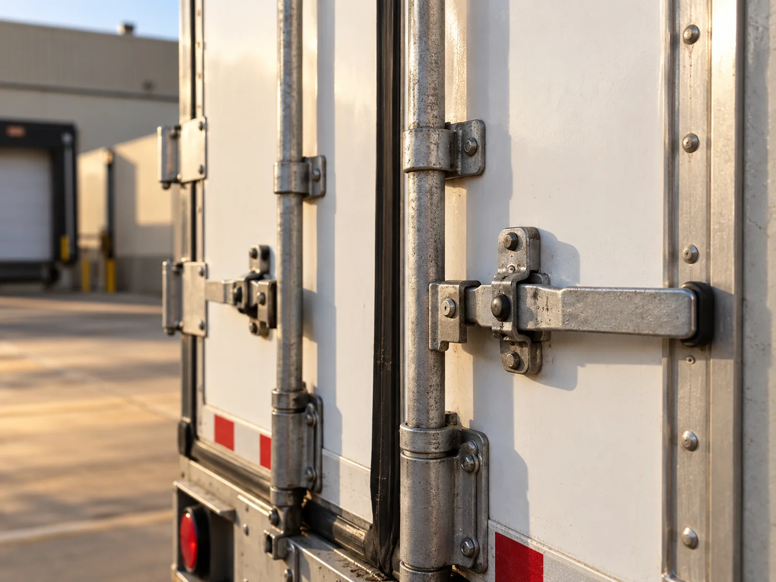 Illustrative AI-generated close-up photograph of a trailer’s galvanized door hardware and rubber seals.